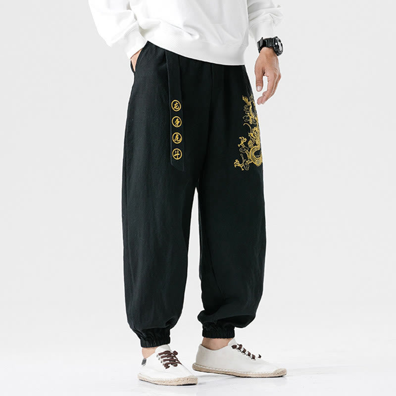 Buddha Stones Auspicious Clouds Dragon Cotton Men's Pants With Pockets - image 3