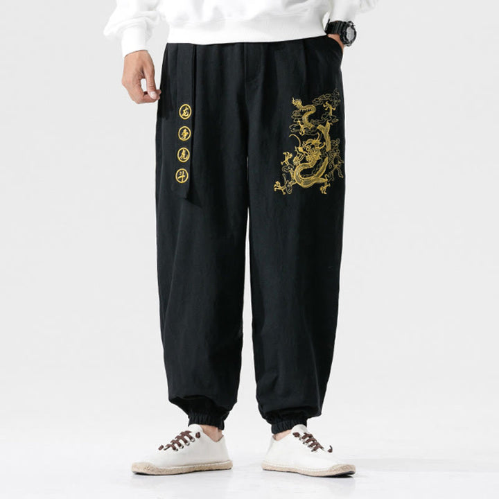 Buddha Stones Auspicious Clouds Dragon Cotton Men's Pants With Pockets