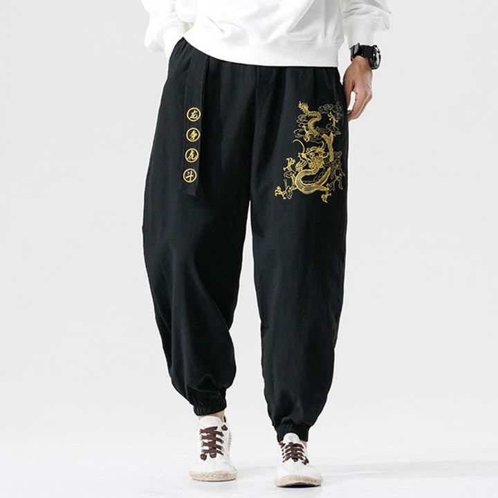 Buddha Stones Auspicious Clouds Dragon Cotton Men's Pants With Pockets