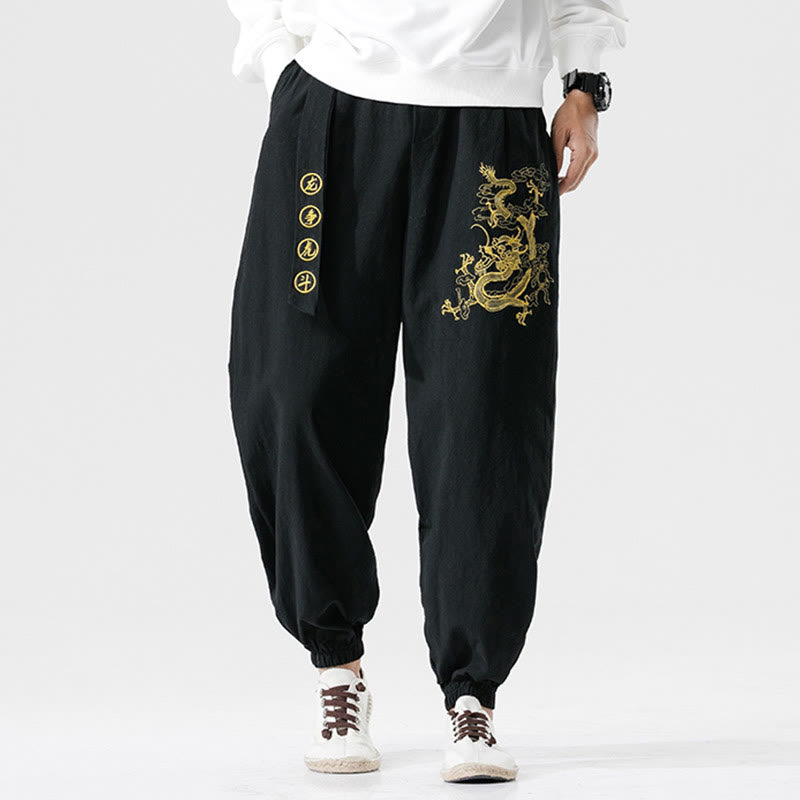 Buddha Stones Auspicious Clouds Dragon Cotton Men's Pants With Pockets - image 5