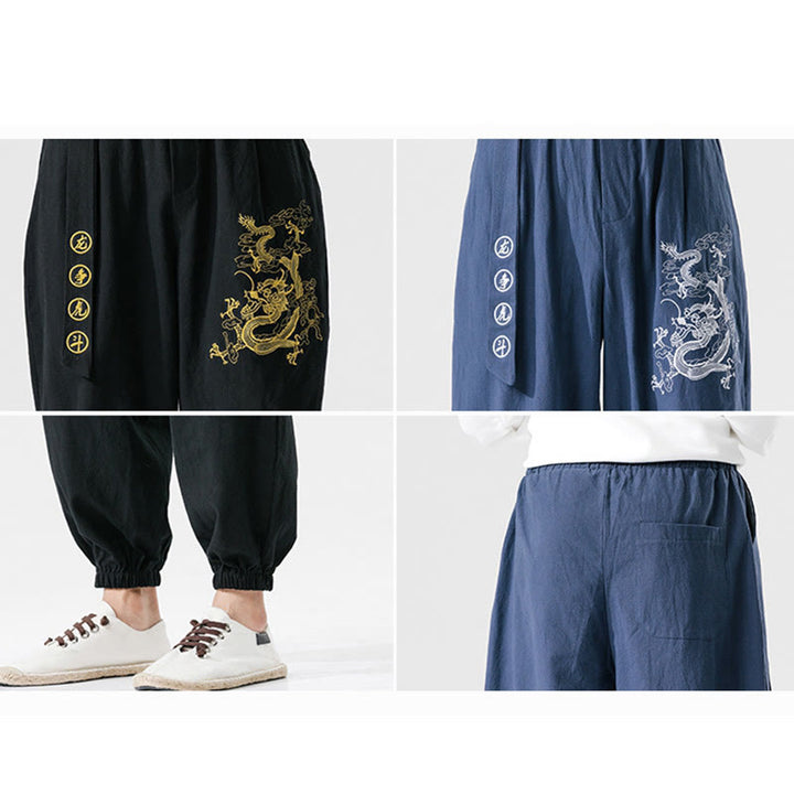 Buddha Stones Auspicious Clouds Dragon Cotton Men's Pants With Pockets - image 14
