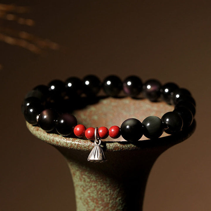 Buddha Stones Natural Black Obsidian Cinnabar Lotus Charm Strength Fulfillment Bracelet