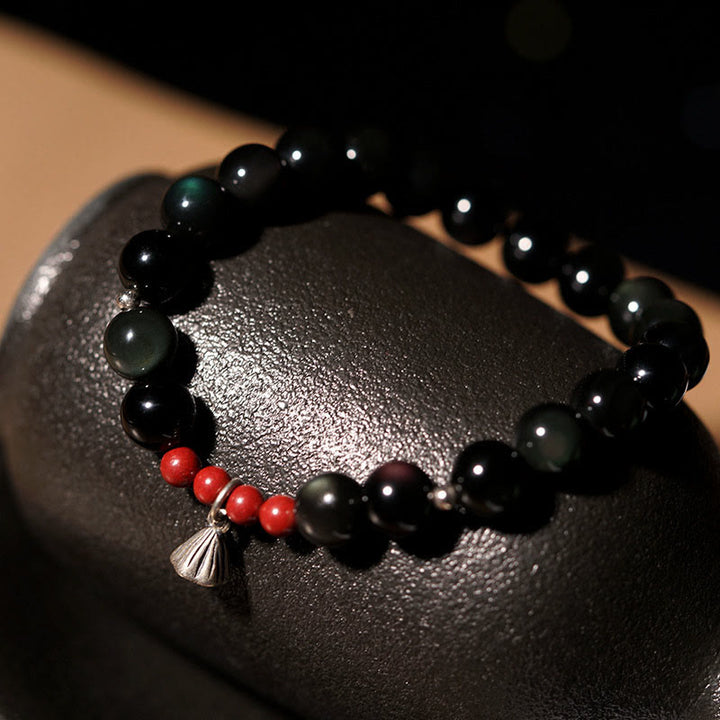 Buddha Stones Natural Black Obsidian Cinnabar Lotus Charm Strength Fulfillment Bracelet