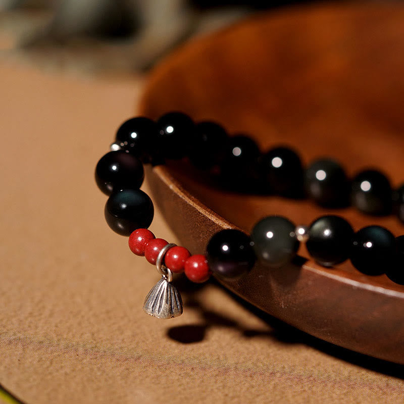 Buddha Stones Natural Black Obsidian Cinnabar Lotus Charm Strength Fulfillment Bracelet