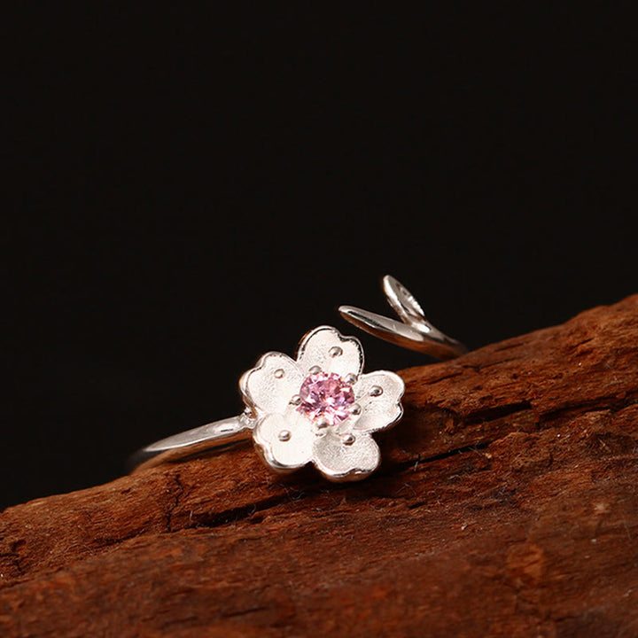 Buddha Stones 925 Sterling Silver Cherry Blossom Sakura Flower Blessing Adjustable Ring - image 3