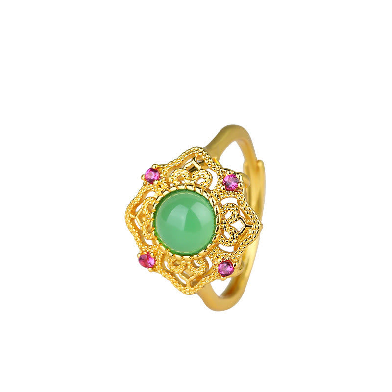 Buddha Stones Green Chalcedony Hollow Pattern Strength Adjustable Ring