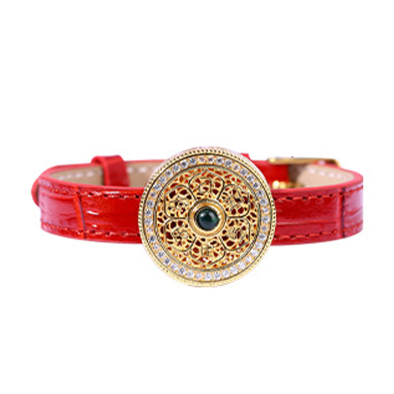 Buddha Stones Six True Words Eight Treasures Compass Jade 24K Gold Plated Luck Leather Bracelet