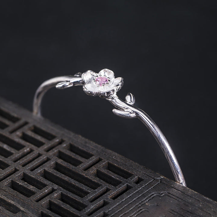 Buddha Stones 925 Sterling Silver Cherry Blossom Luck Bracelet Bangle - image 2