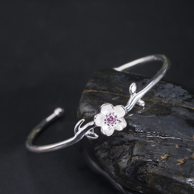 Buddha Stones 925 Sterling Silver Cherry Blossom Luck Bracelet Bangle - 925 Sterling Silver Cherry Blossom (Wrist Circumference: 15-19cm) - image 0