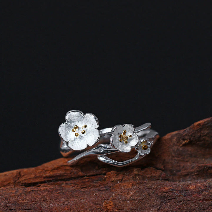 Buddha Stones 925 Sterling Silver Plum Bossom Balance Ring - Gold stamens - image 0
