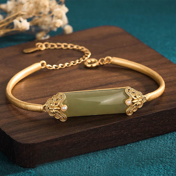 Buddha Stones Hetian Jade 24K Gold Plated Luck Bracelet Bangle