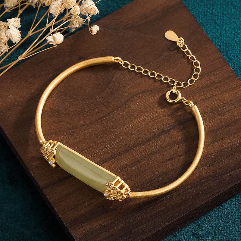 Buddha Stones Hetian Jade 24K Gold Plated Luck Bracelet Bangle