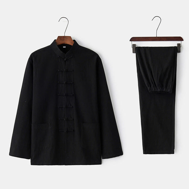 Buddha Stones Frog-Button Tang Long Sleeve Shirt Pants Men's Suit - Black - US/UK/AU44，EU54 (4XL) - image 1