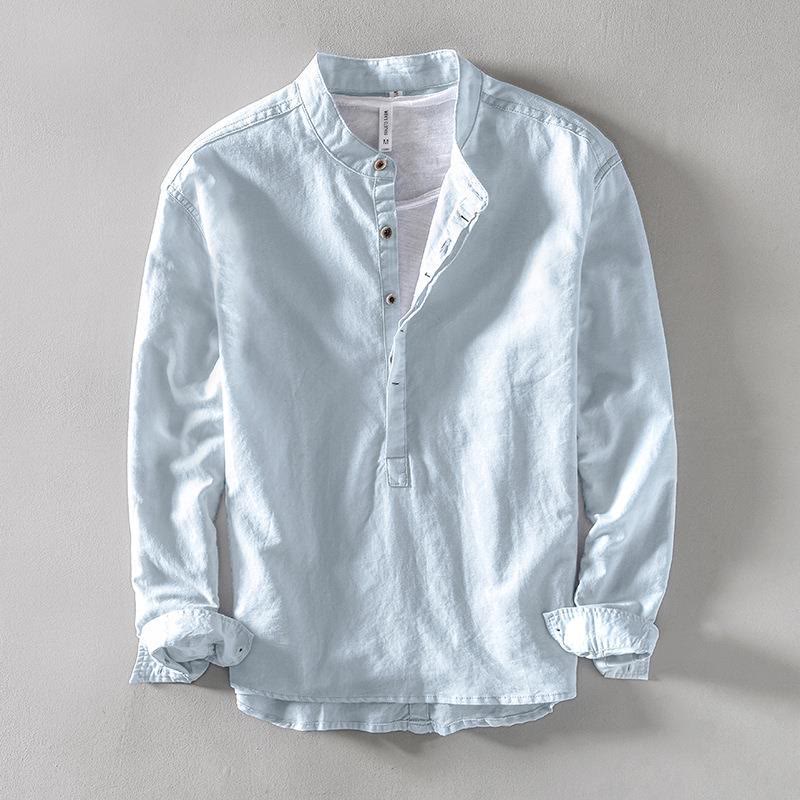Buddha Stones Solid Color Long Sleeve Half Button Shirt Cotton Linen Men Clothing - LightBlue - US/UK/AU40，EU50 (2XL) - image 1