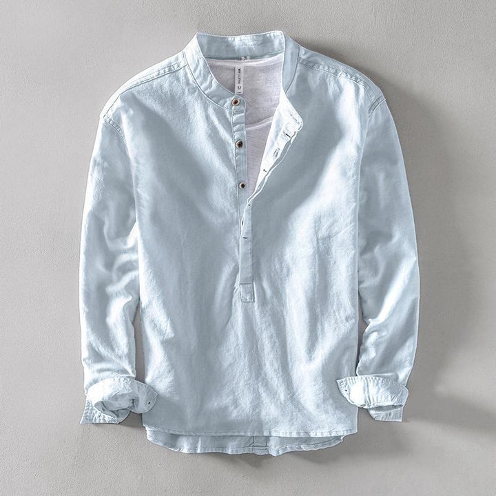 Buddha Stones Solid Color Long Sleeve Half Button Shirt Cotton Linen Men Clothing - LightBlue - US/UK/AU40，EU50 (2XL) - image 1