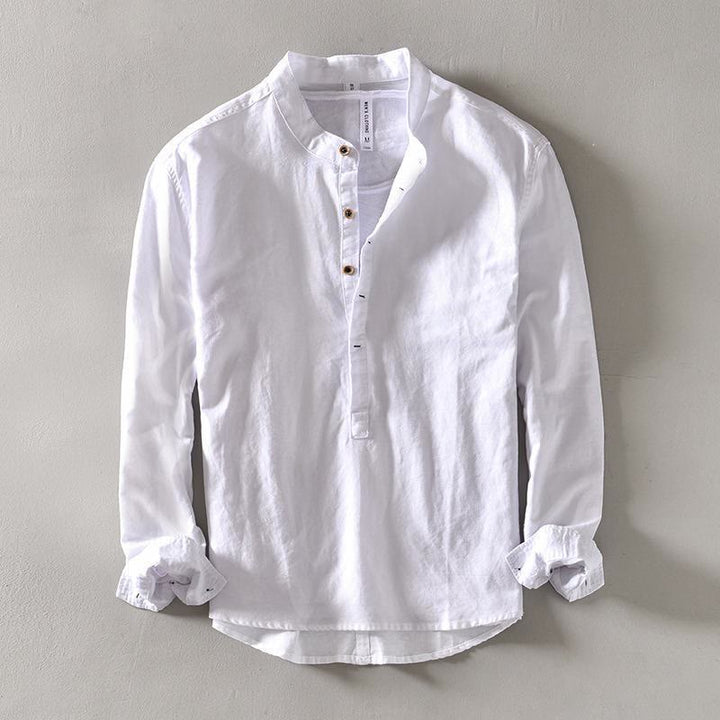 Buddha Stones Solid Color Long Sleeve Half Button Shirt Cotton Linen Men Clothing