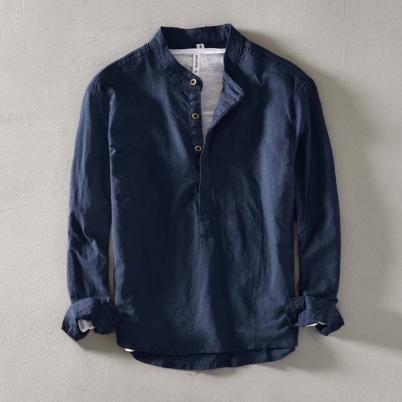 Buddha Stones Solid Color Long Sleeve Half Button Shirt Cotton Linen Men Clothing