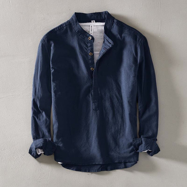Buddha Stones Solid Color Long Sleeve Half Button Shirt Cotton Linen Men Clothing - SteelBlue - US/UK/AU40，EU50 (2XL) - image 2