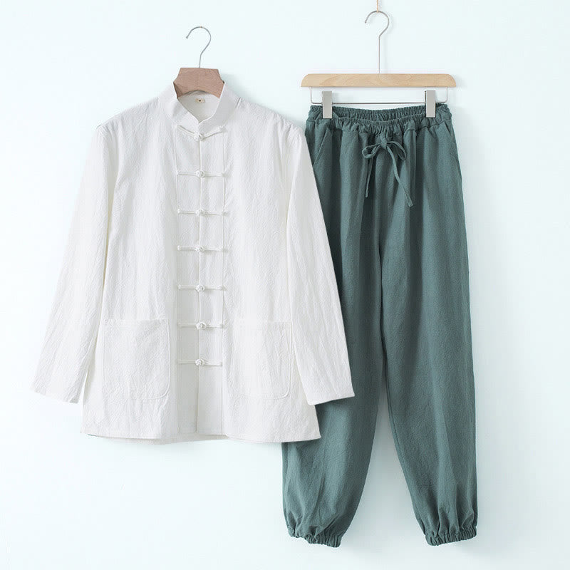 Buddha Stones Meditation Frog-Button Tang Long Sleeve Shirt Pants Men's Suit - White Shirt&CadetBlue Pant - US/UK/AU44，EU54 (4XL) - image 20