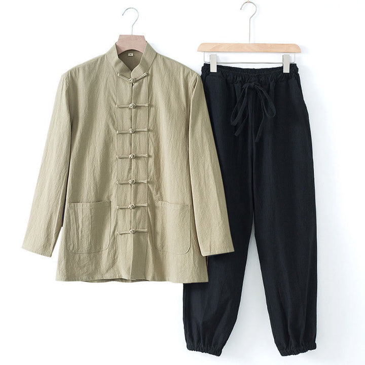 Buddha Stones Meditation Frog-Button Tang Long Sleeve Shirt Pants Men's Suit - Tan Shirt&Black Pant - US/UK/AU44，EU54 (4XL) - image 22