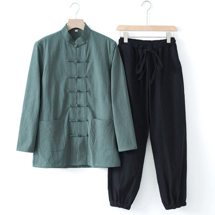 Buddha Stones Meditation Frog-Button Tang Long Sleeve Shirt Pants Men's Suit - CadetBlue Shirt&Black Pant - US/UK/AU44，EU54 (4XL) - image 24