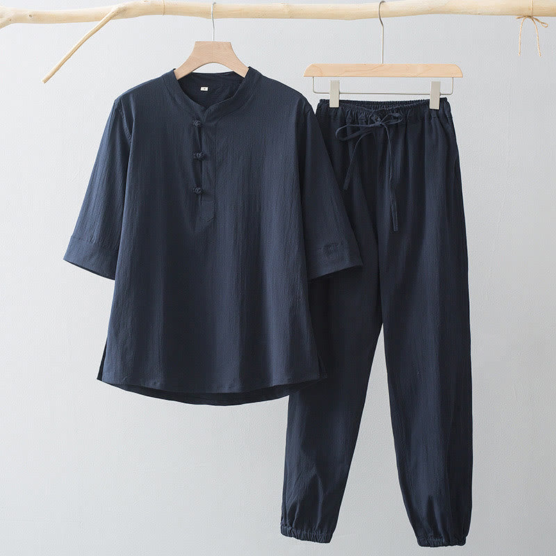 Buddha Stones Frog-Button Three Quarter Sleeve Shirt Pants Men's Suit - MidnightBlue Shirt&MidnightBlue Pant - US/UK/AU44，EU54 (4XL) - image 4