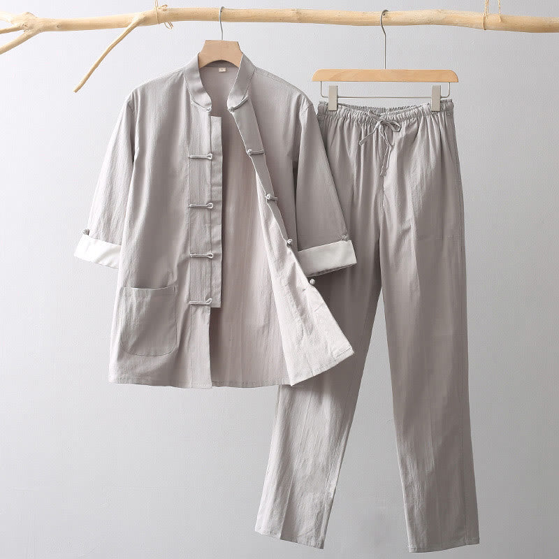 Buddha Stones Tang Frog-Button Three Quarter Sleeve Shirt Wide Leg Pants Cotton Linen Men's Suit