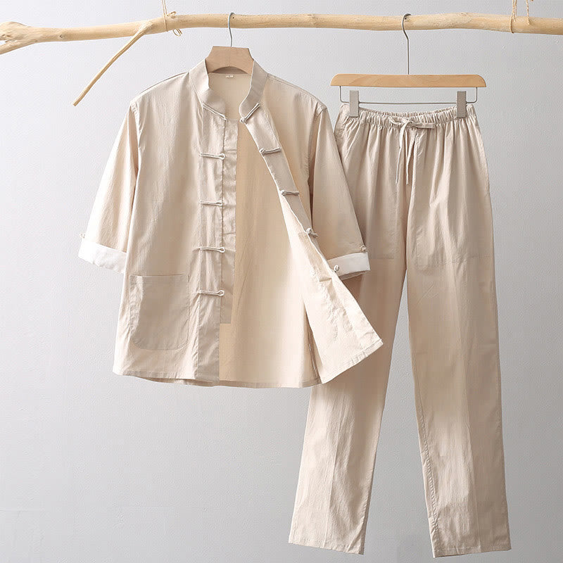 Buddha Stones Tang Frog-Button Three Quarter Sleeve Shirt Wide Leg Pants Cotton Linen Men's Suit - Wheat - US/UK/AU44，EU54 (4XL) - image 0