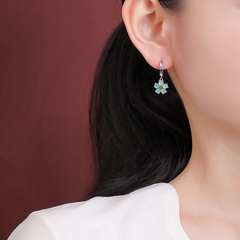 Buddha Stones 925 Sterling Silver Plated Gold Green Jade Flower Design Luck Prosperity Earrings  - image 7