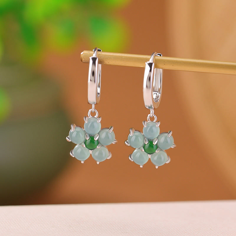 Buddha Stones 925 Sterling Silver Plated Gold Green Jade Flower Design Luck Prosperity Earrings