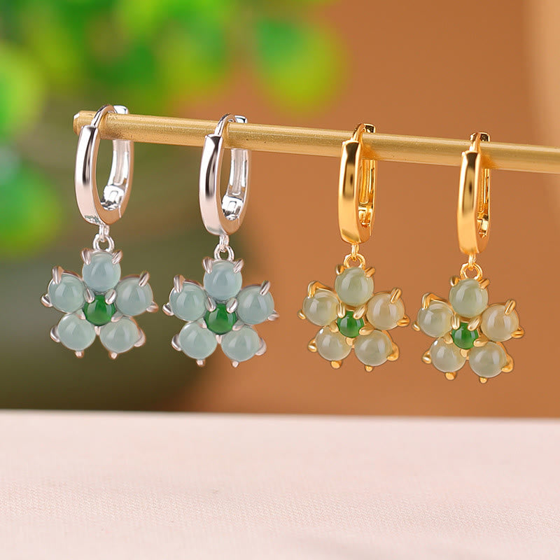Buddha Stones 925 Sterling Silver Plated Gold Green Jade Flower Design Luck Prosperity Earrings  - image 6