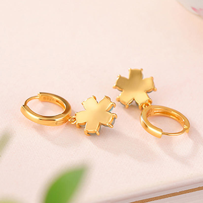 Buddha Stones 925 Sterling Silver Plated Gold Green Jade Flower Design Luck Prosperity Earrings  - image 2