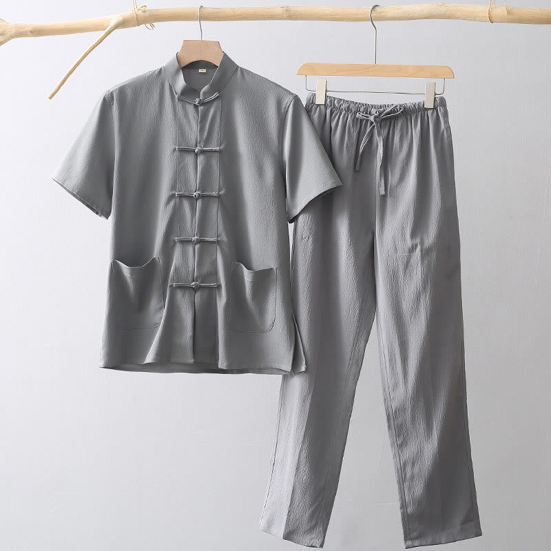 Buddha Stones Tang Frog-Button Short Sleeve Shirt Wide Leg Pants Men's Suit - DimGray - US/UK/AU44，EU54 (4XL) - image 1