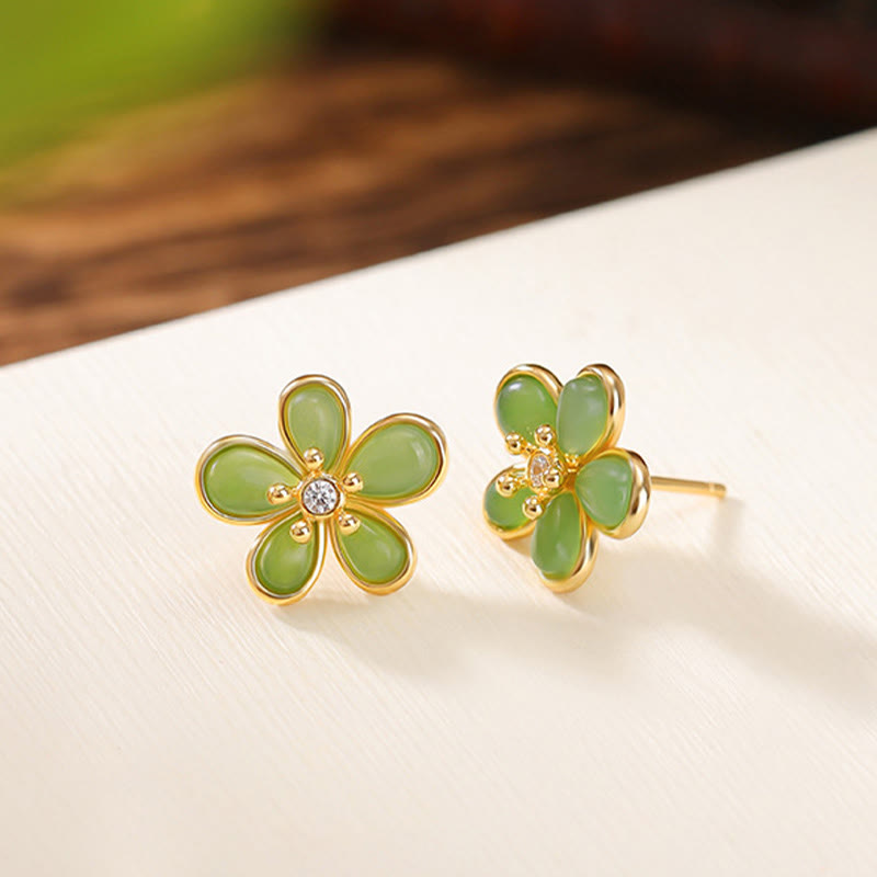 Buddha Stones 925 Sterling Silver Hetian Jade Flower Design Abundance Luck Earrings  - image 1