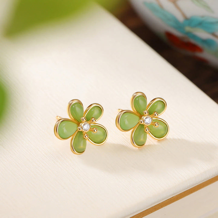 Buddha Stones 925 Sterling Silver Hetian Jade Flower Design Abundance Luck Earrings  - image 2