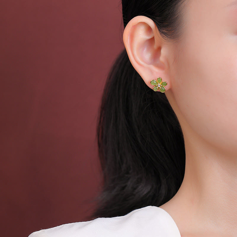 Buddha Stones 925 Sterling Silver Hetian Jade Flower Design Abundance Luck Earrings  - image 4