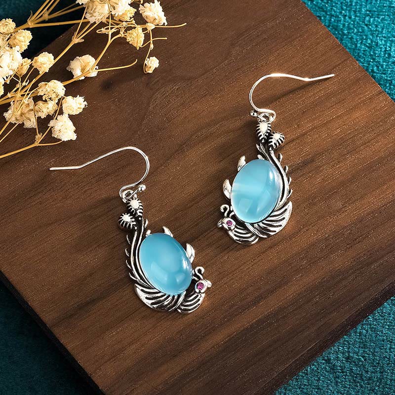 Buddha Stones 925 Sterling Silver Posts Blue Chalcedony Koi Fish Balance Vitality Earrings