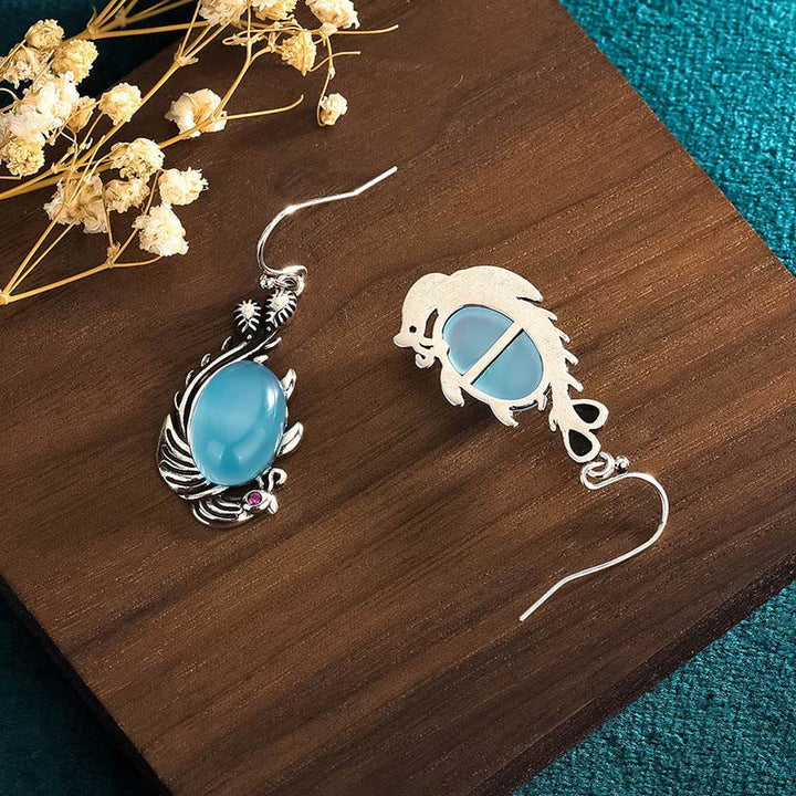 Buddha Stones 925 Sterling Silver Posts Blue Chalcedony Koi Fish Balance Vitality Earrings