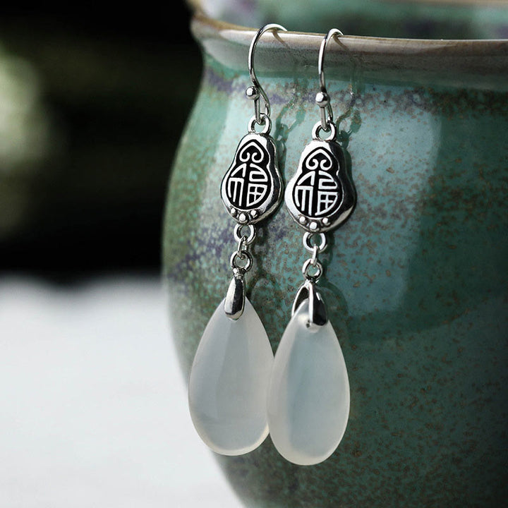 Buddha Stones 925 Sterling Silver Posts Natural Chalcedony Fu Character Positive Harmony Earrings