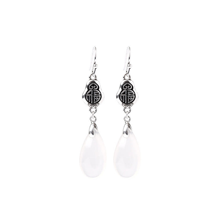 Buddha Stones 925 Sterling Silver Posts Natural Chalcedony Fu Character Positive Harmony Earrings