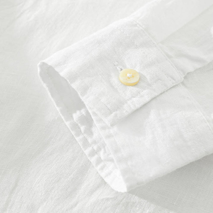 Buddha Stones Solid Color Loose Long Sleeve Half Button Shirt Linen Men Clothing - image 3