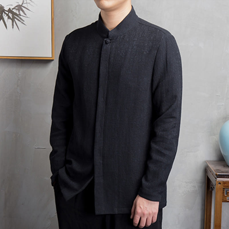 Buddha Stones Solid Color Chinese Tang Suit Cotton Linen Jacket Men Clothing