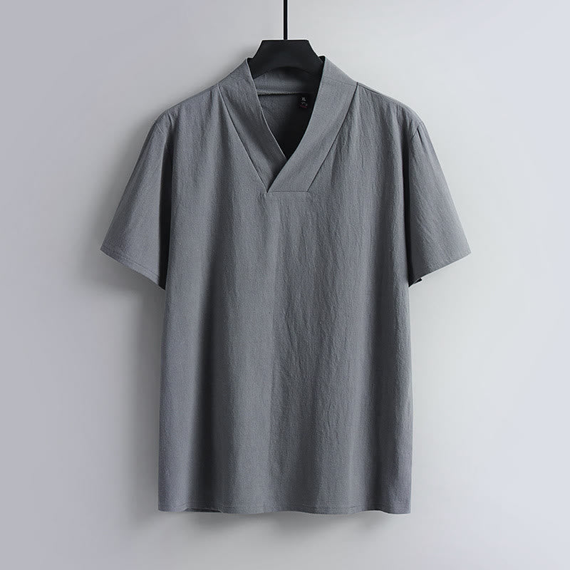 Buddha Stones Loose Men's T-Shirt Solid Color Top Short Sleeve V Collar Breathable Linen Shirt - Gray - US/UK/AU54，EU64 (9XL) - image 0