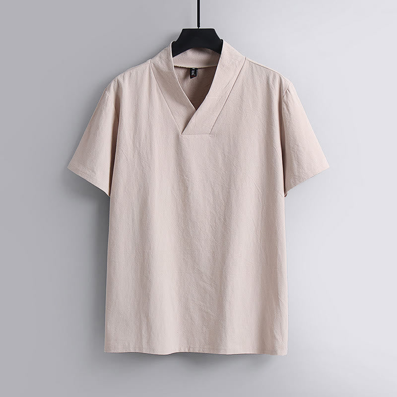 Buddha Stones Loose Men's T-Shirt Solid Color Top Short Sleeve V Collar Breathable Cotton Linen Shirt - MistyRose - US/UK/AU54，EU64 (9XL) - image 4
