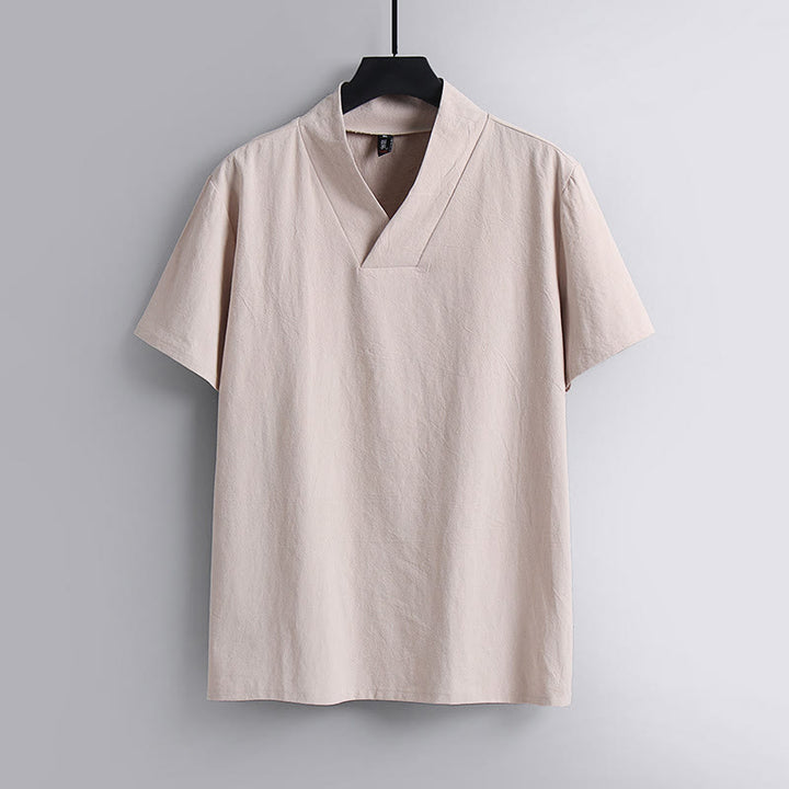 Buddha Stones Loose Men's T-Shirt Solid Color Top Short Sleeve V Collar Breathable Cotton Linen Shirt - MistyRose - US/UK/AU54，EU64 (9XL) - image 4