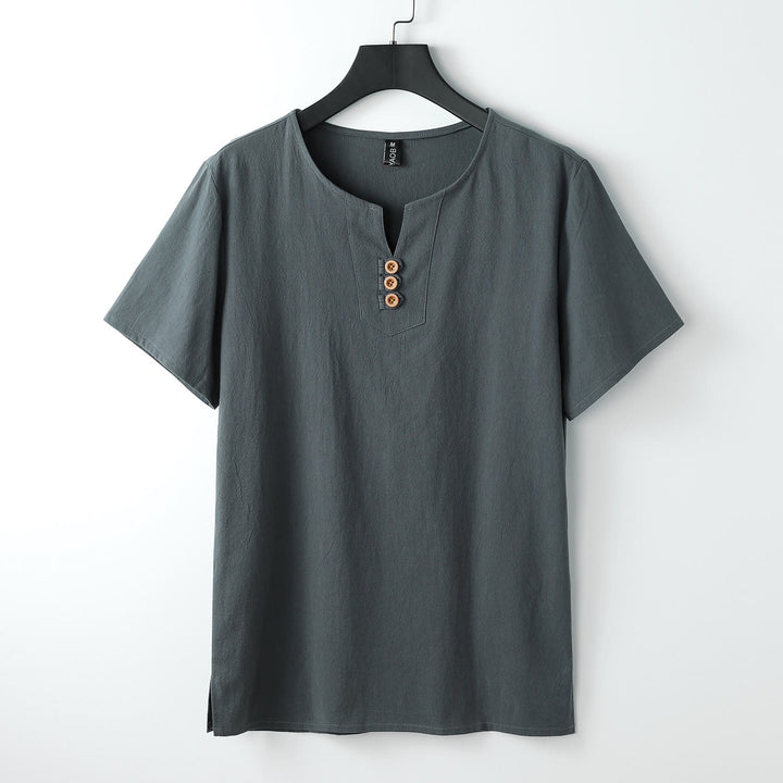 Buddha Stones Men's T-Shirt Solid Color Top Short Sleeve Three-button V Collar Soft Cotton Shirt - Gray - US/UK/AU54，EU64 (9XL) - image 0