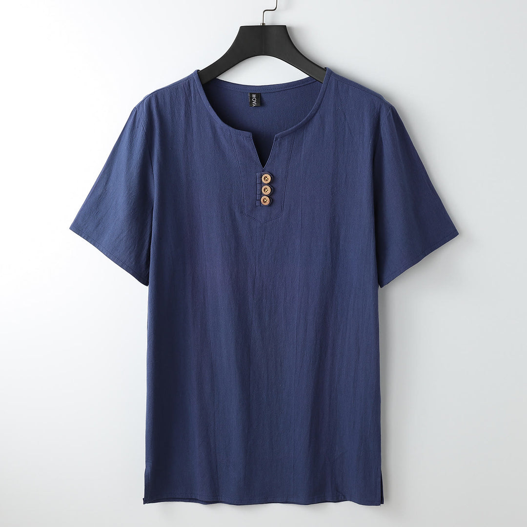 Buddha Stones Men's T-Shirt Solid Color Top Short Sleeve Three-button V Collar Soft Cotton Shirt - MidnightBlue - US/UK/AU54，EU64 (9XL) - image 13