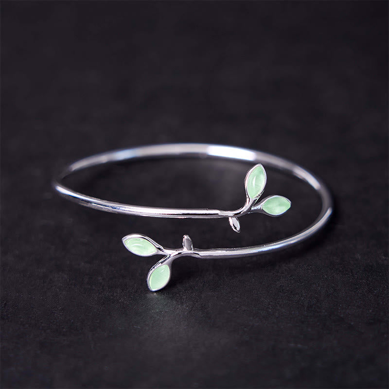 Buddha Stones Leaf Pattern Cat Eye Support Cuff Bracelet Bangle - Leaf Bangle - image 2