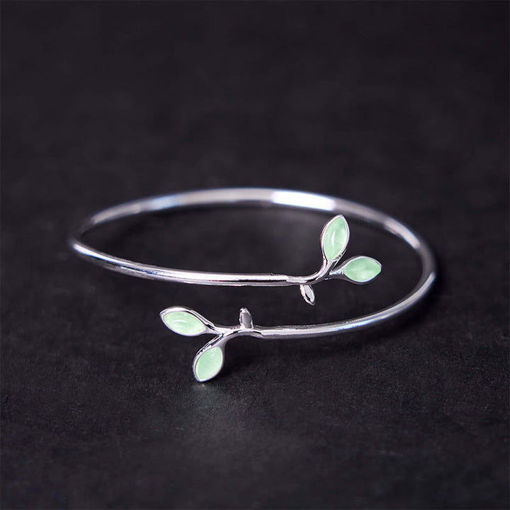 Buddha Stones Leaf Pattern Cat Eye Support Cuff Bracelet Bangle - Leaf Bangle - image 2