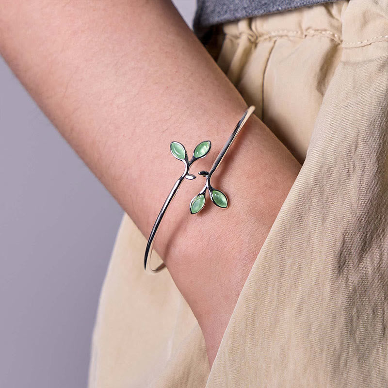 Buddha Stones Leaf Pattern Cat Eye Support Cuff Bracelet Bangle - image 1